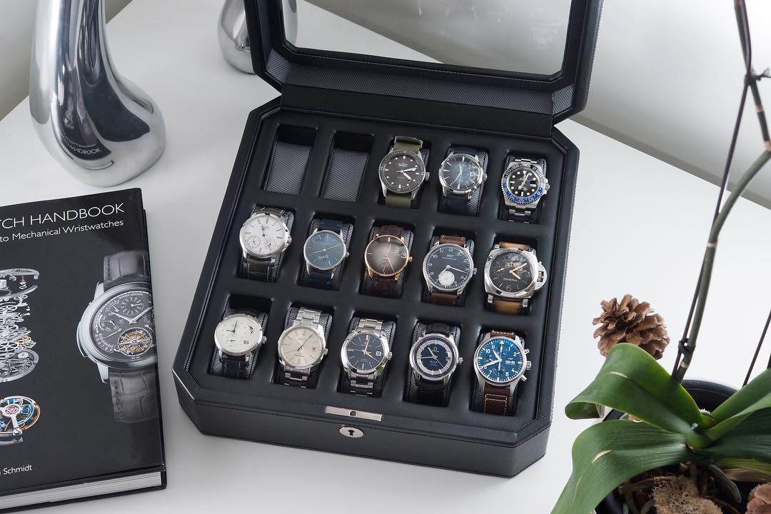 Rangement montres – boîte en bois, étui cuir et présentoir