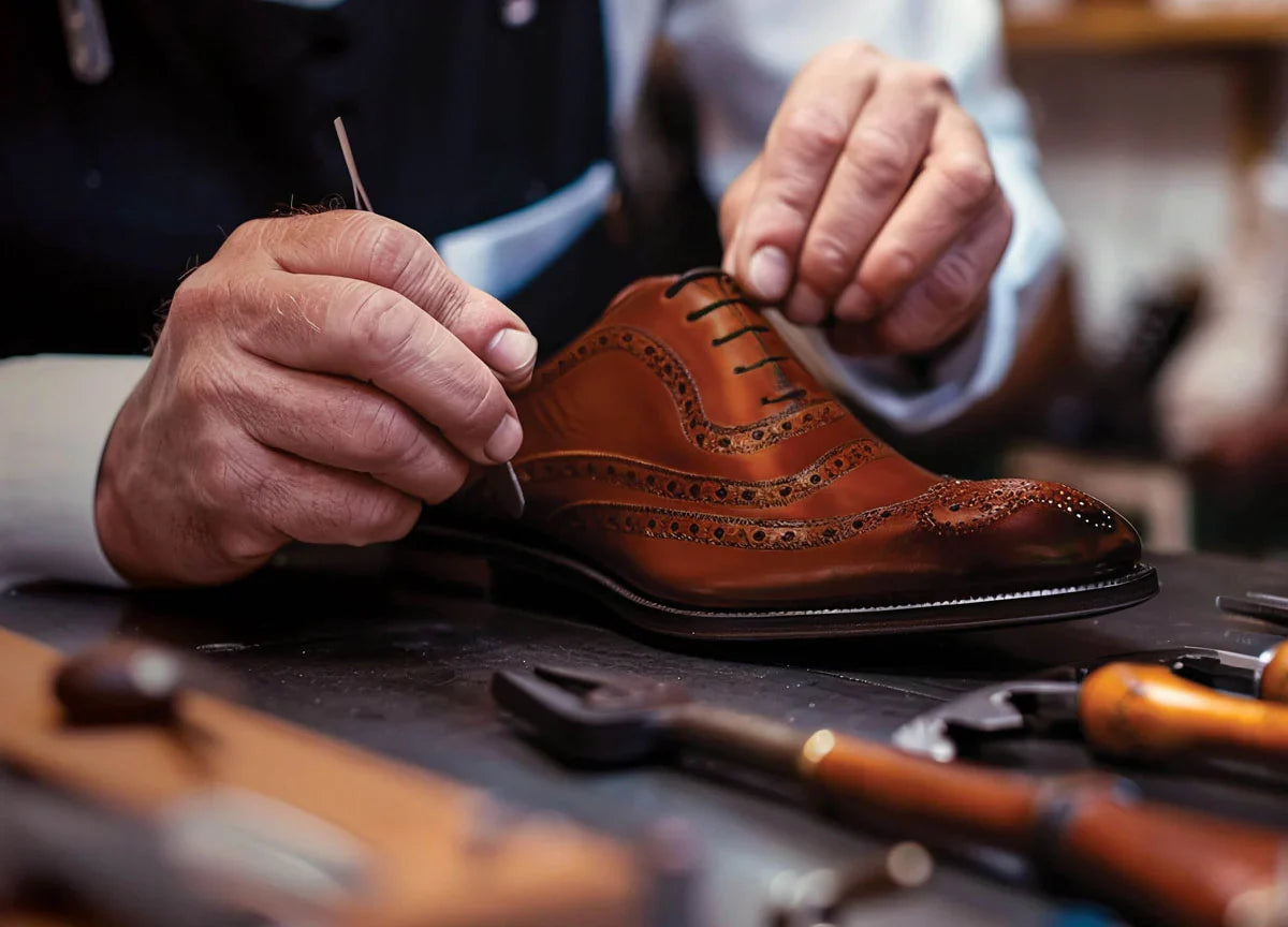 Collection Brogue Wolf 1834 - Inspiration des célèbres chaussures britanniques brogue, en cuir perforé - Artisan en pleine confection de ces chaussures perforées