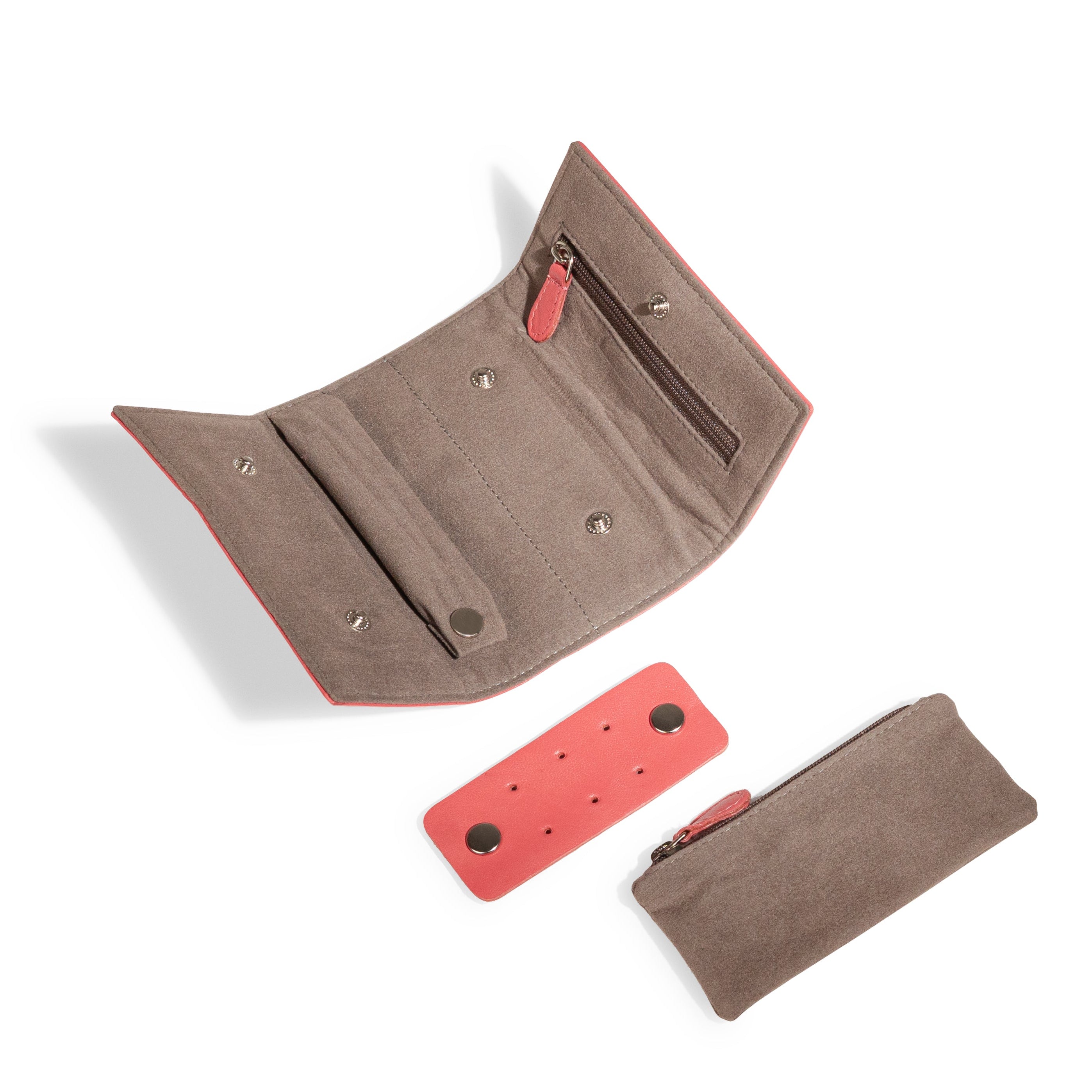 Pochette en cuir véritable Sienna, cuir véritable, corail, vue ouverte avec accessoire