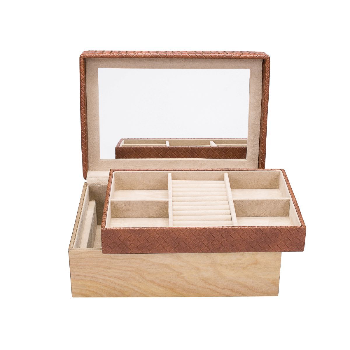 Petite boite à bijoux  marron avec base en bois clair avec mirroir à l'interieur