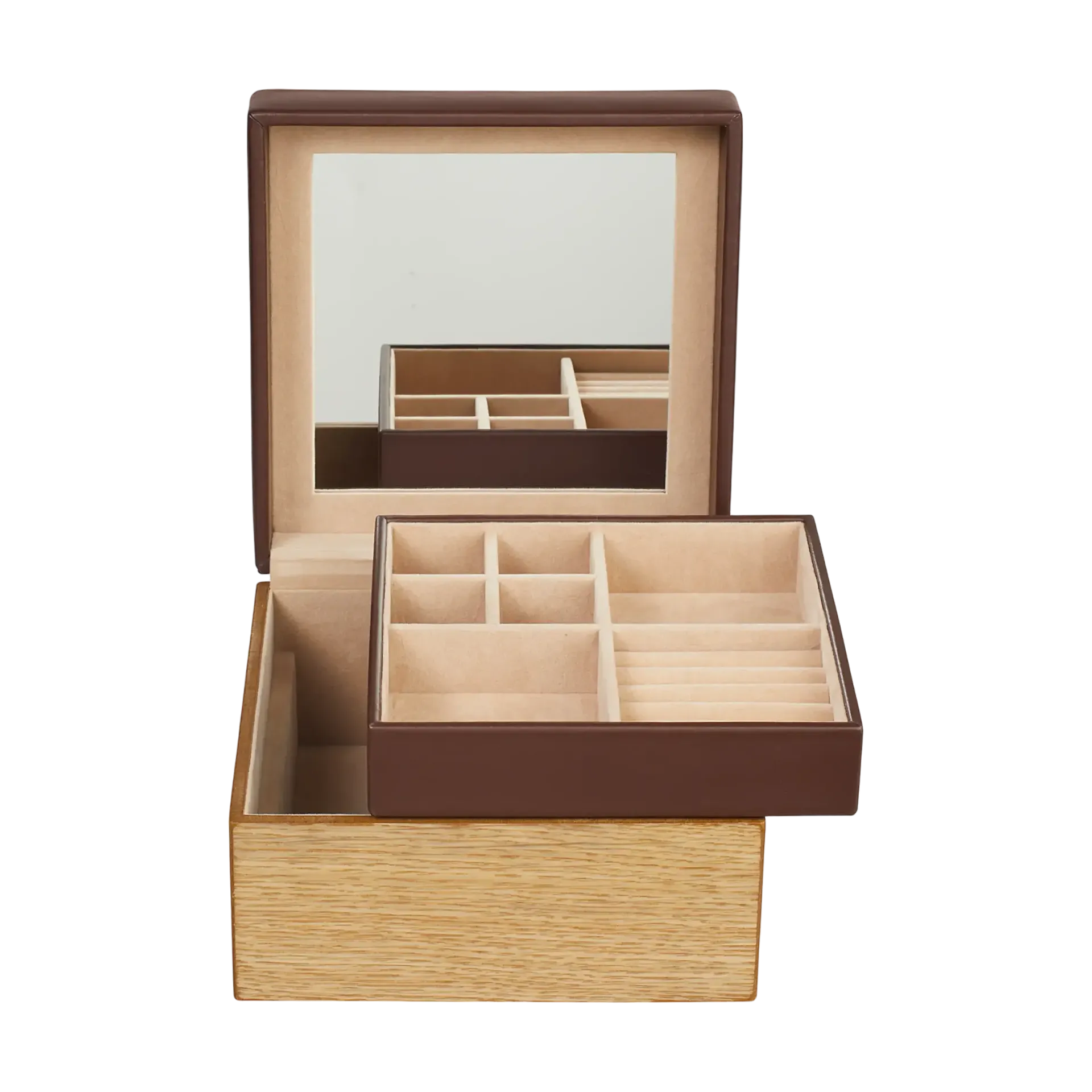Petite boite à bijoux en cuir marron avec base en bois clair avec mirroir à l'interieur