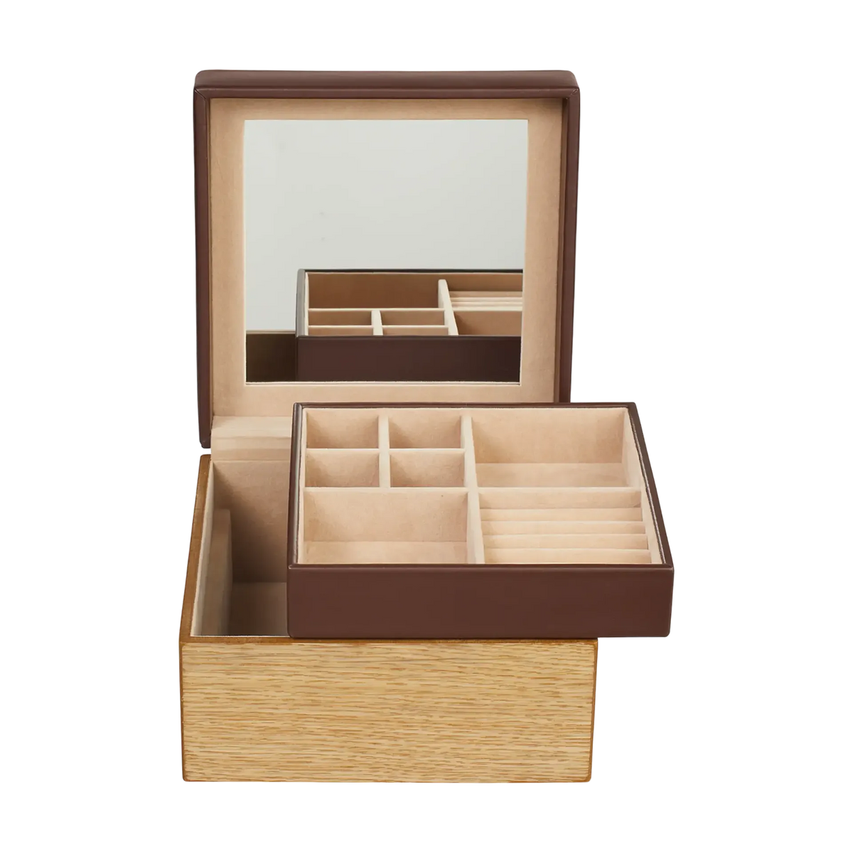Petite boite à bijoux en cuir marron avec base en bois clair avec mirroir à l'interieur