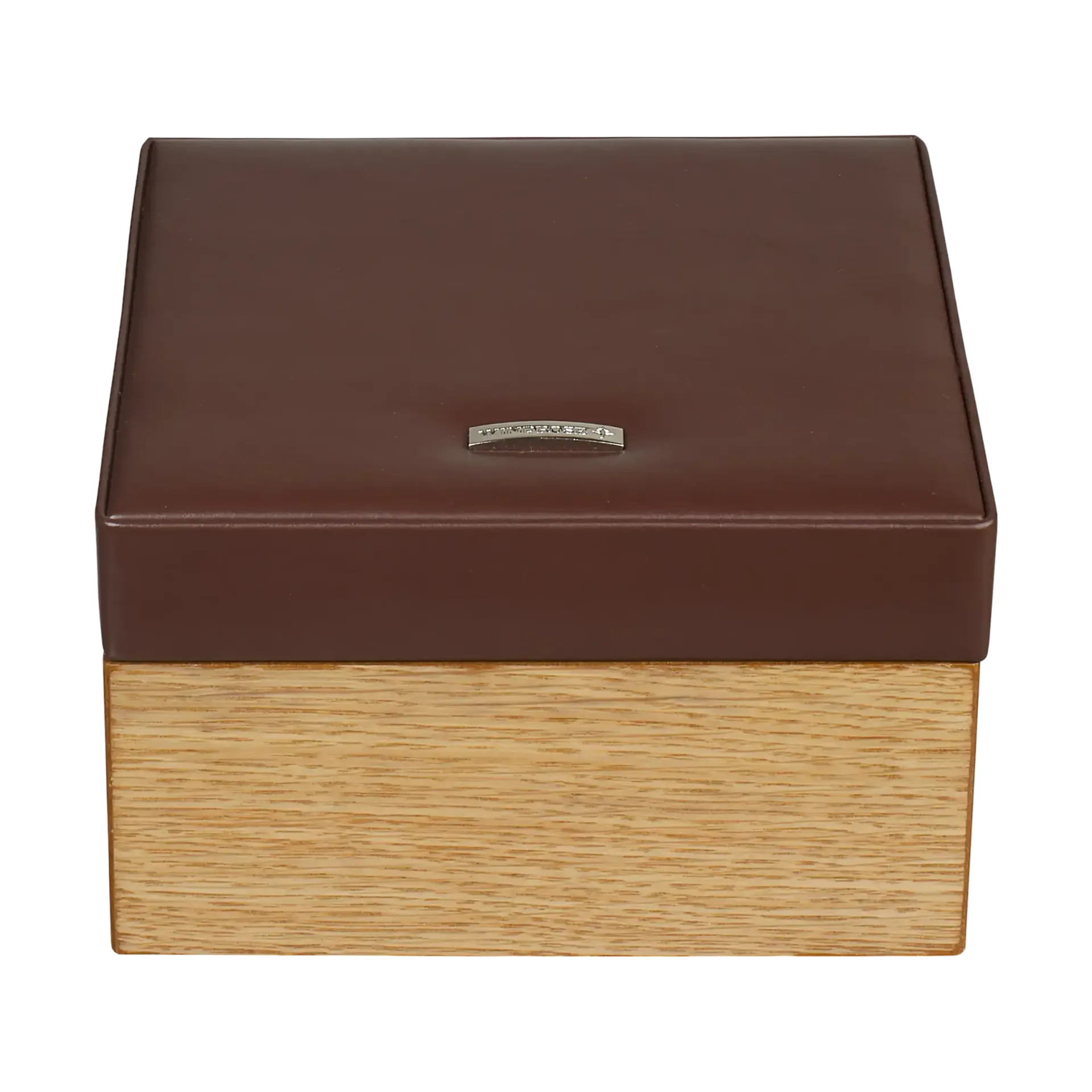 Petite boite à bijoux en cuir marron avec base en bois clair avec mirroir à l'interieur