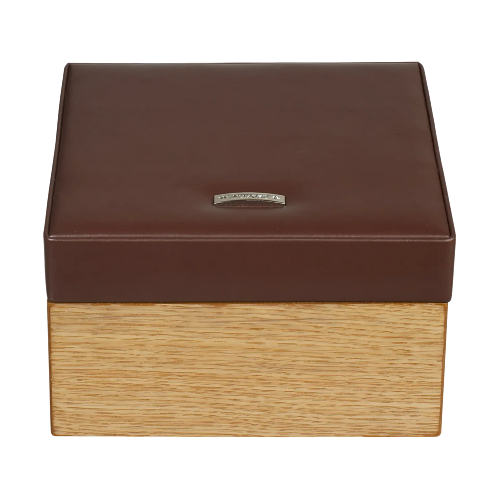 Petite boite à bijoux en cuir marron avec base en bois clair avec mirroir à l'interieur