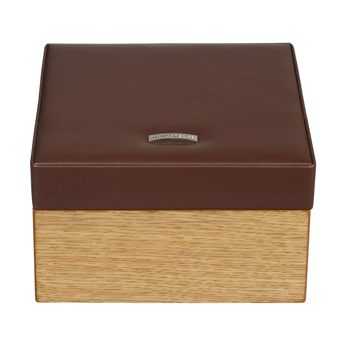 Petite boite à bijoux en cuir marron avec base en bois clair avec mirroir à l'interieur
