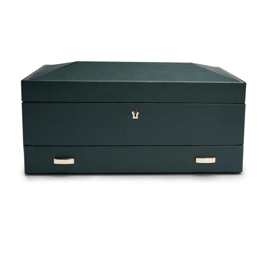 Boîte à montres de luxe verte Wolf British Racing fermée, avec tiroir et serrure frontale