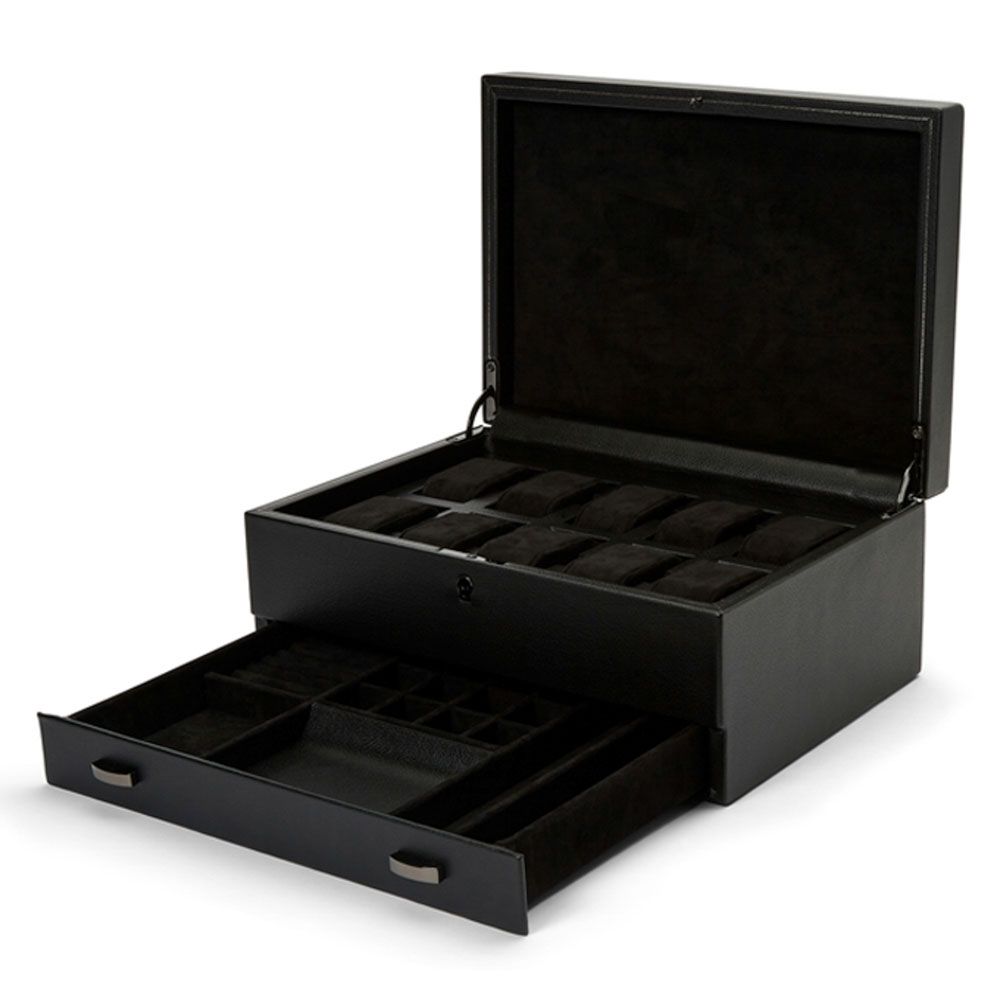 Boîte à montres noire de luxe Wolf British Racing ouverte, avec compartiments pour montres et tiroir de rangement déployé