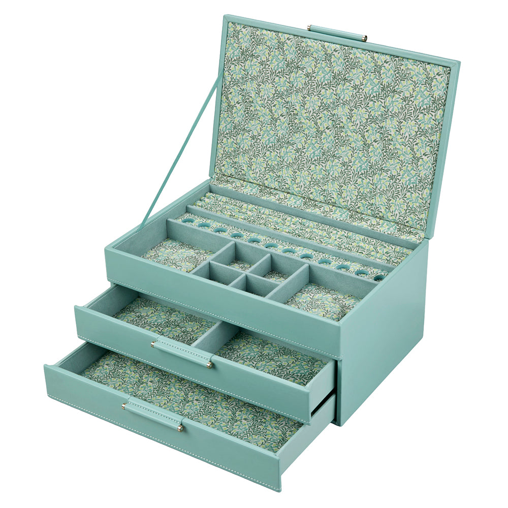 Boîte à bijoux ouverte vert jade avec intérieur fleuri