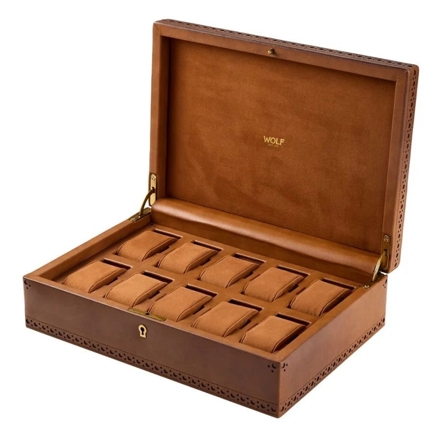 Boîte à montres Wolf 1834, collection Brogue - Esthétique vintage et intemporelle des célèbres chaussures britanniques « brogue » - Revetement haut de gamme effet cuir patiné - Dix emplacements