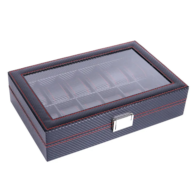 Boîte de rangement à montres en fibre de carbone noire à 12 emplacements