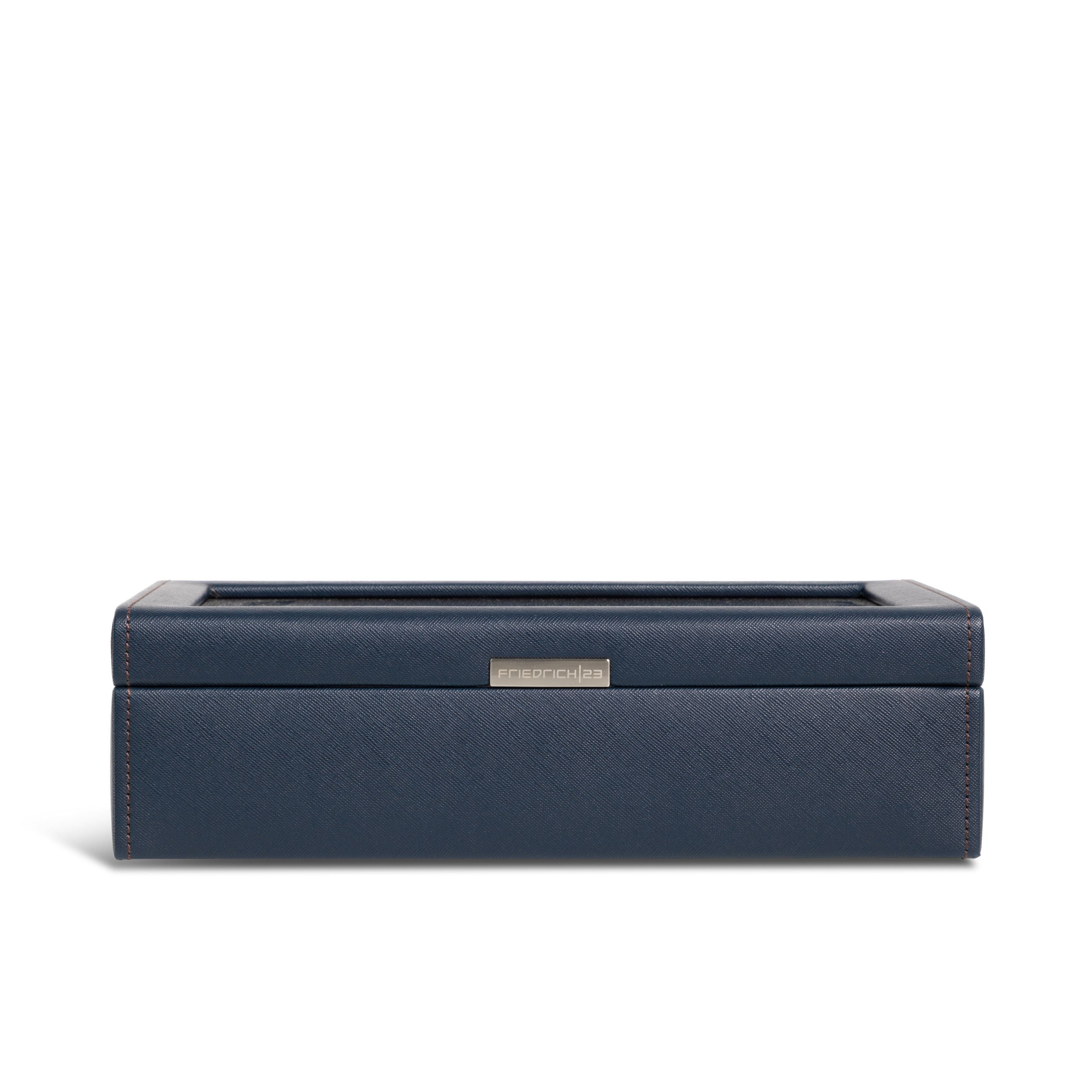 Vue de face fermée de la boîte à montre Bond dix emplacements -  Coloris bleu foncé intérieur marron 