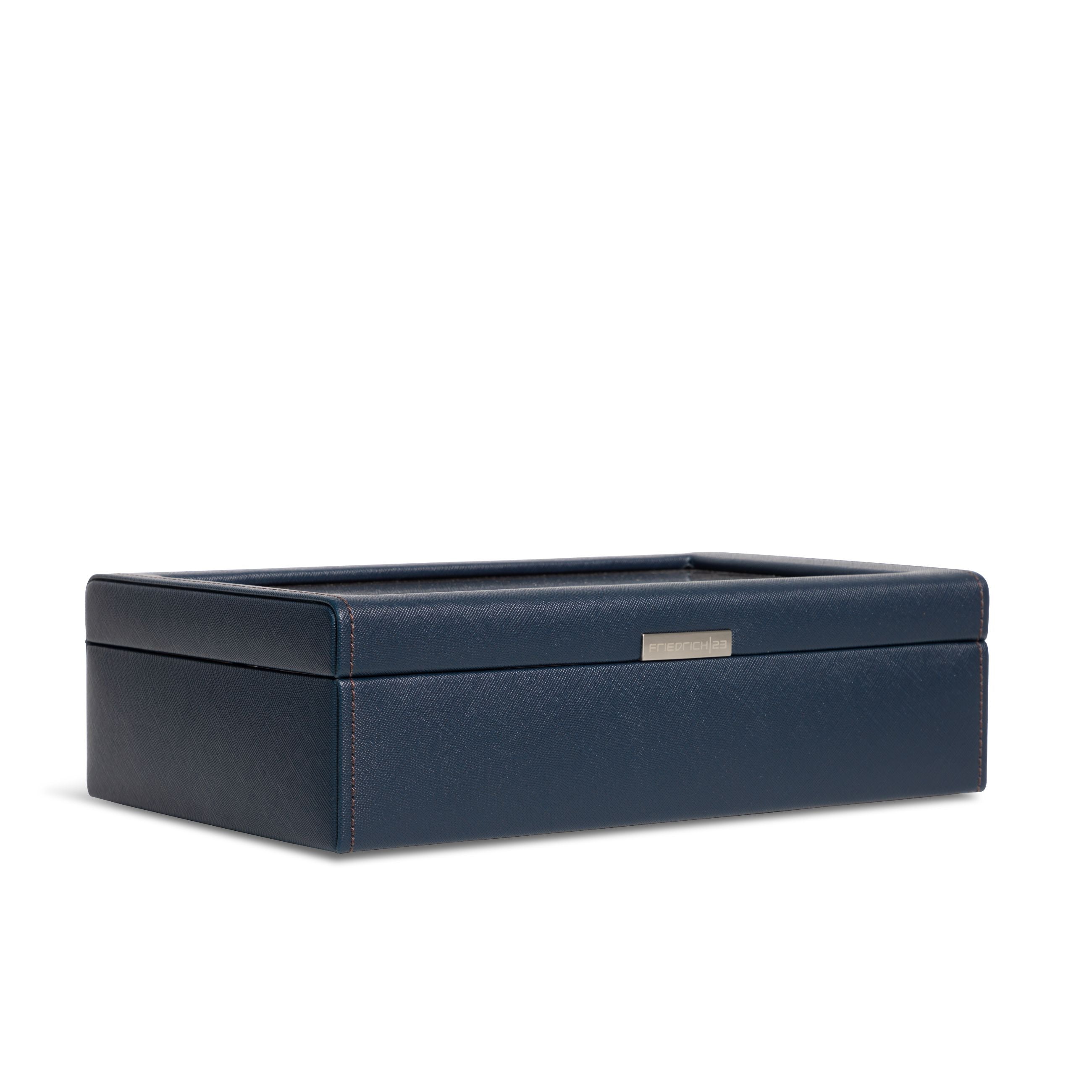 Vue transverse fermée de la boîte à montre Bond dix emplacements -  Coloris bleu foncé intérieur marron 