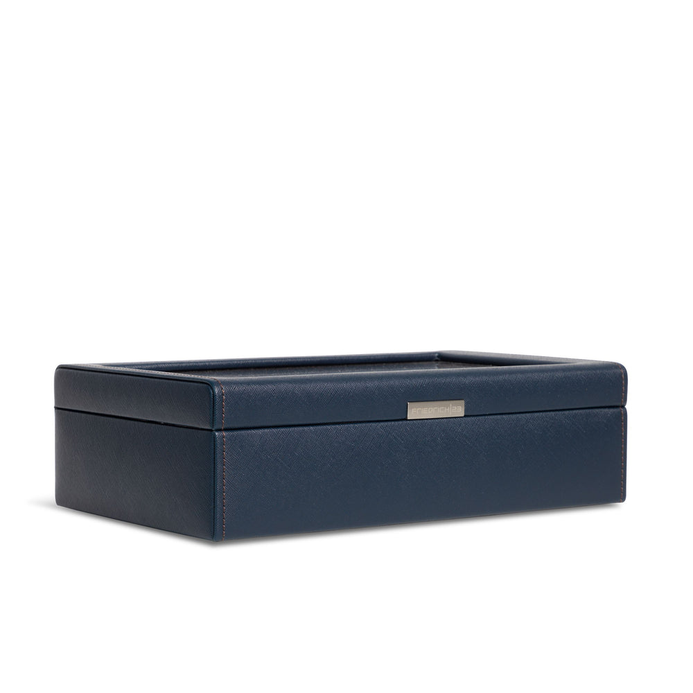 Vue transverse fermée de la boîte à montre Bond dix emplacements -  Coloris bleu foncé intérieur marron 