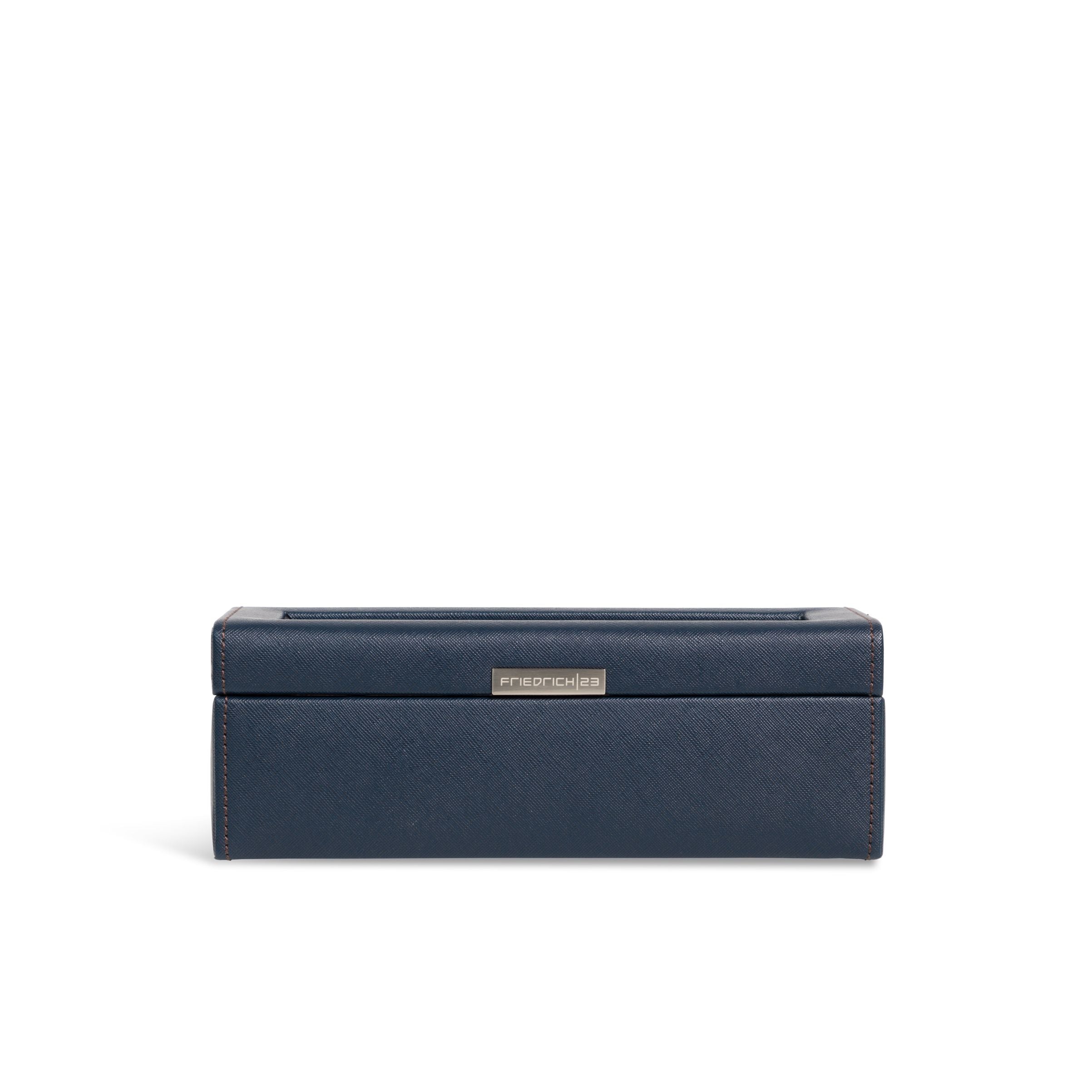 Vue de face fermée de la boîte à montre Bond quatre emplacements -  Coloris bleu foncé intérieur marron foncé