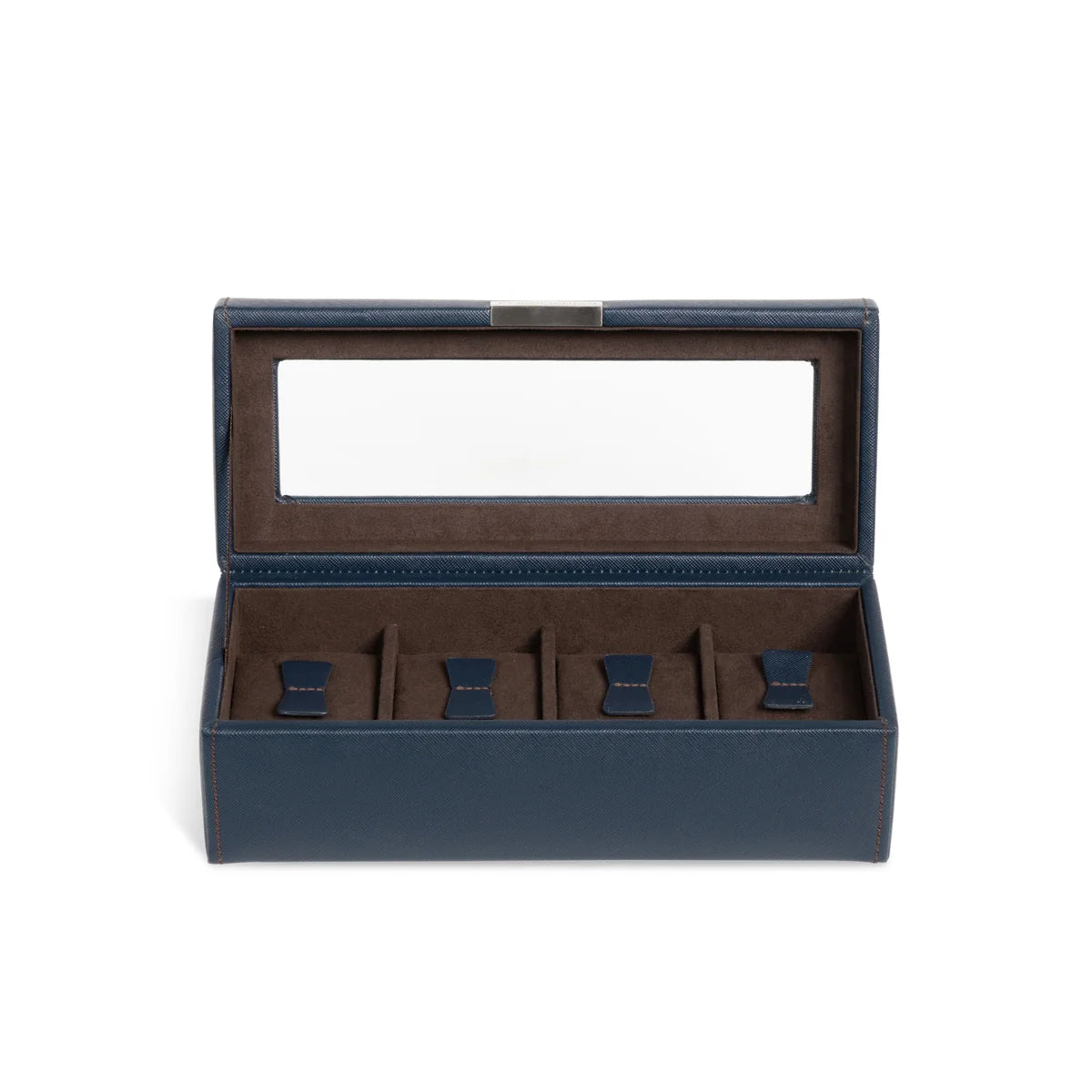 Vue de face ouverte de la boîte à montre Bond quatre emplacements -  Coloris bleu foncé intérieur marron foncé