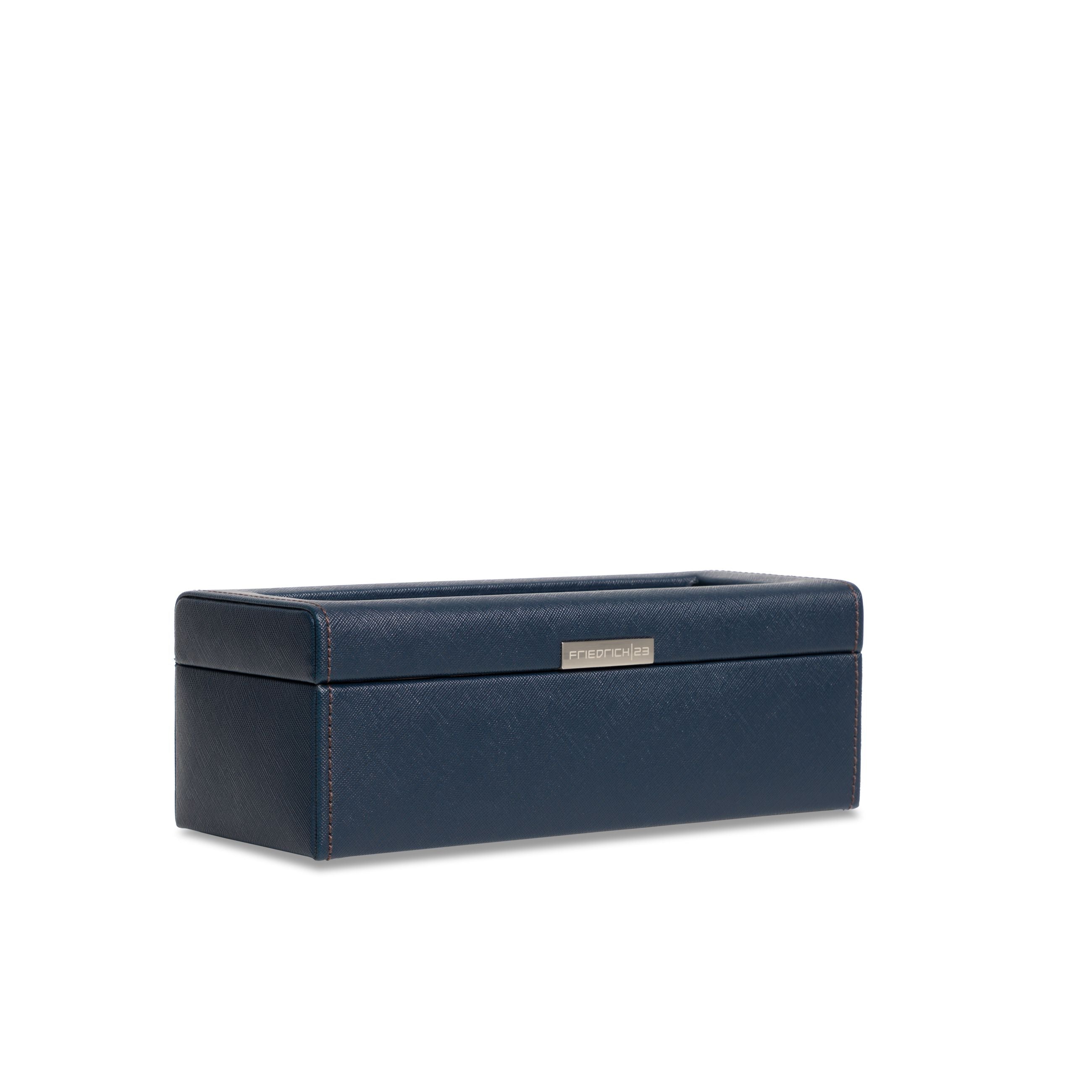 Vue transverse fermée de la boîte à montre Bond quatre emplacements -  Coloris bleu foncé intérieur marron foncé