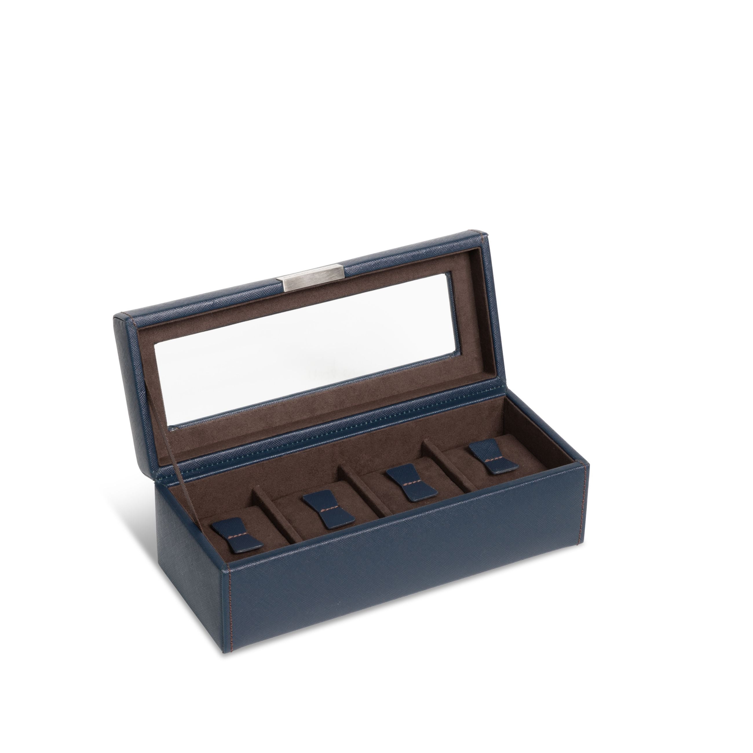 Vue transverse ouverte de la boîte à montre Bond quatre emplacements -  Coloris bleu foncé intérieur marron foncé