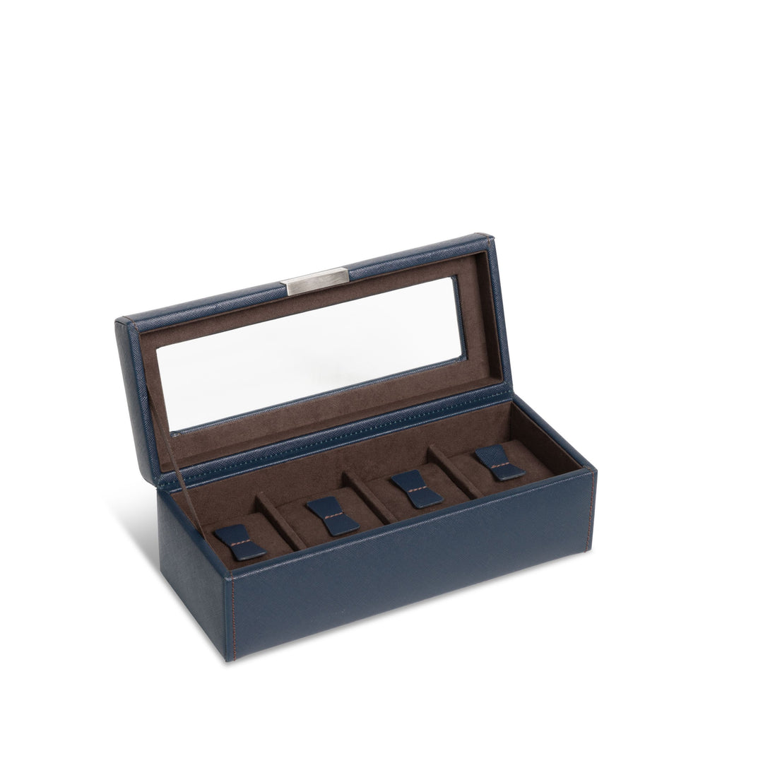 Vue transverse ouverte de la boîte à montre Bond quatre emplacements -  Coloris bleu foncé intérieur marron foncé