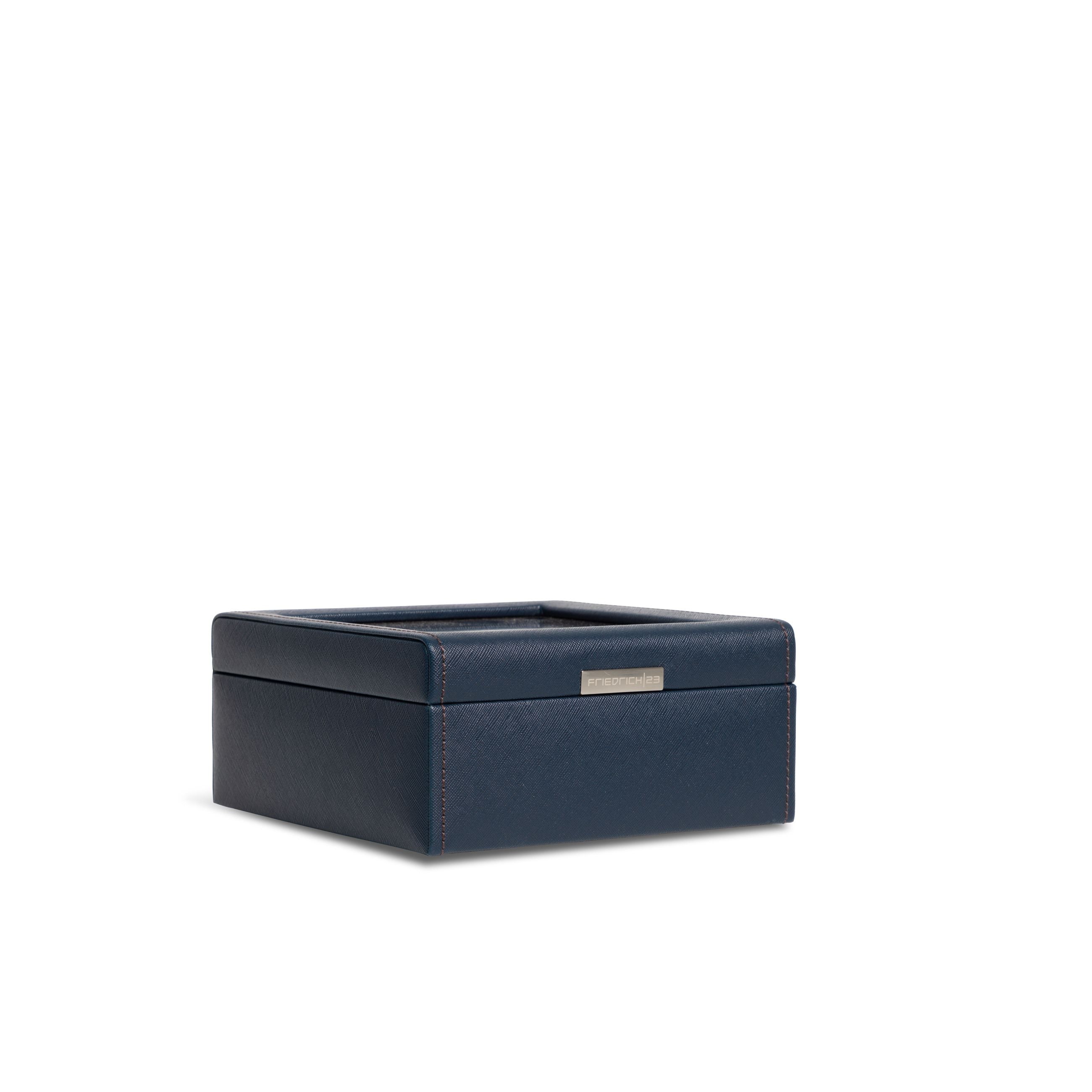 Vue transverse fermée de la boîte à montre Bond six emplacements -  Coloris bleu foncé intérieur marron foncé