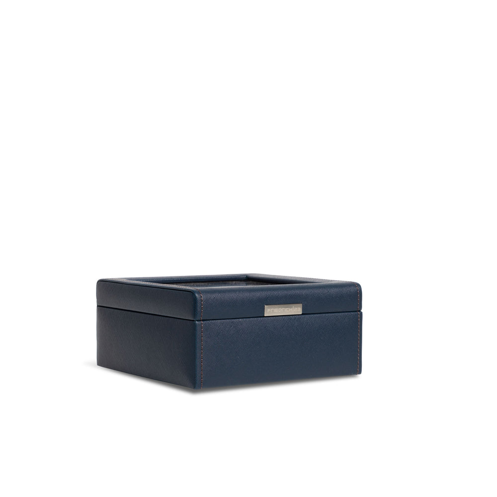 Vue transverse fermée de la boîte à montre Bond six emplacements -  Coloris bleu foncé intérieur marron foncé