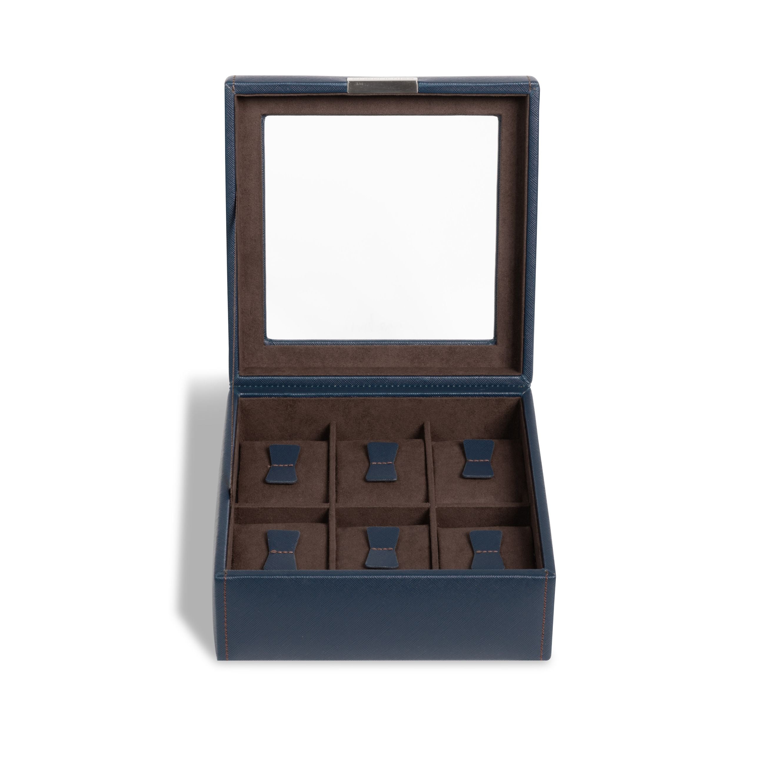 Vue de face ouverte de la boîte à montre Bond six emplacements -  Coloris bleu foncé intérieur marron foncé