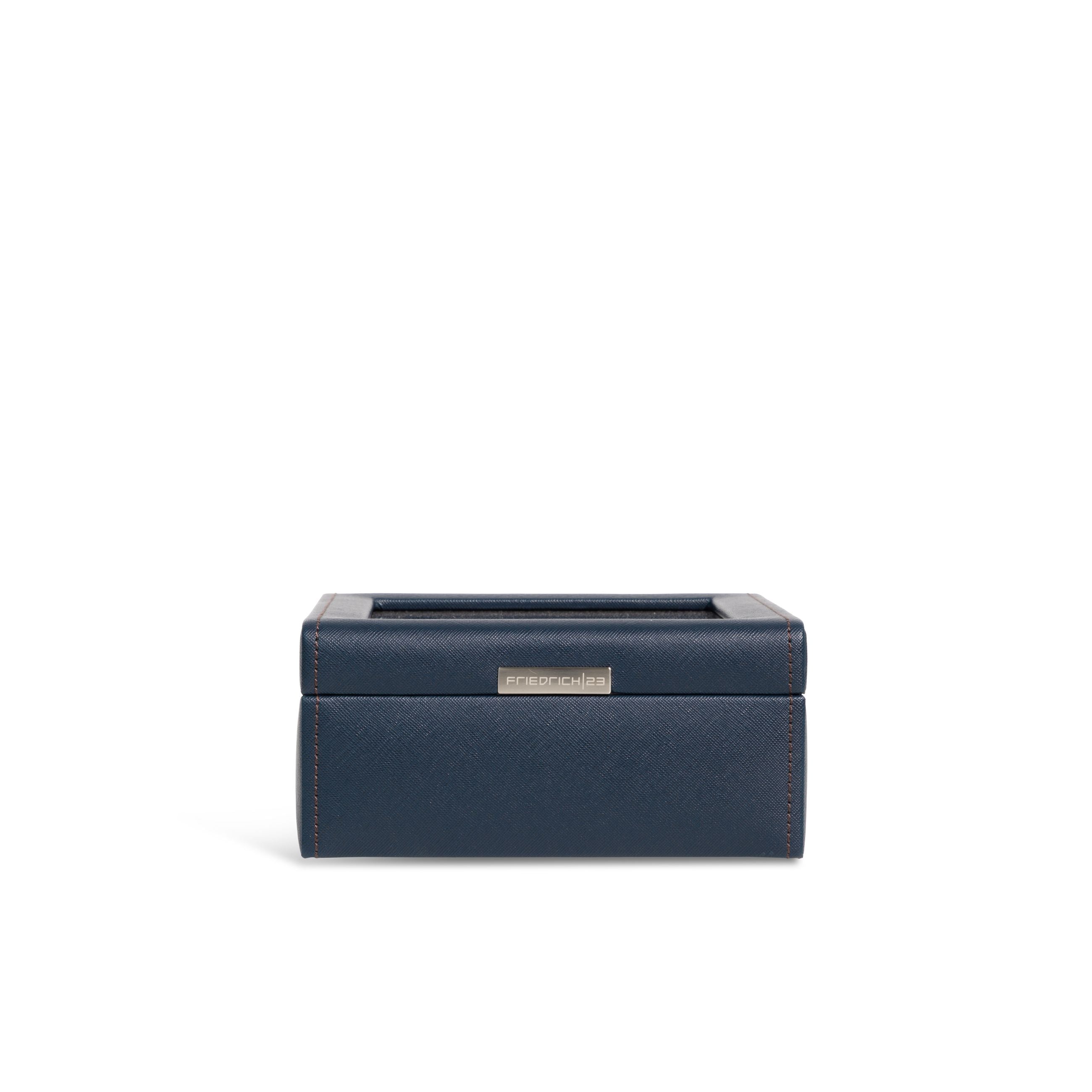 Vue de face fermée de la boîte à montre Bond six emplacements -  Coloris bleu foncé intérieur marron foncé