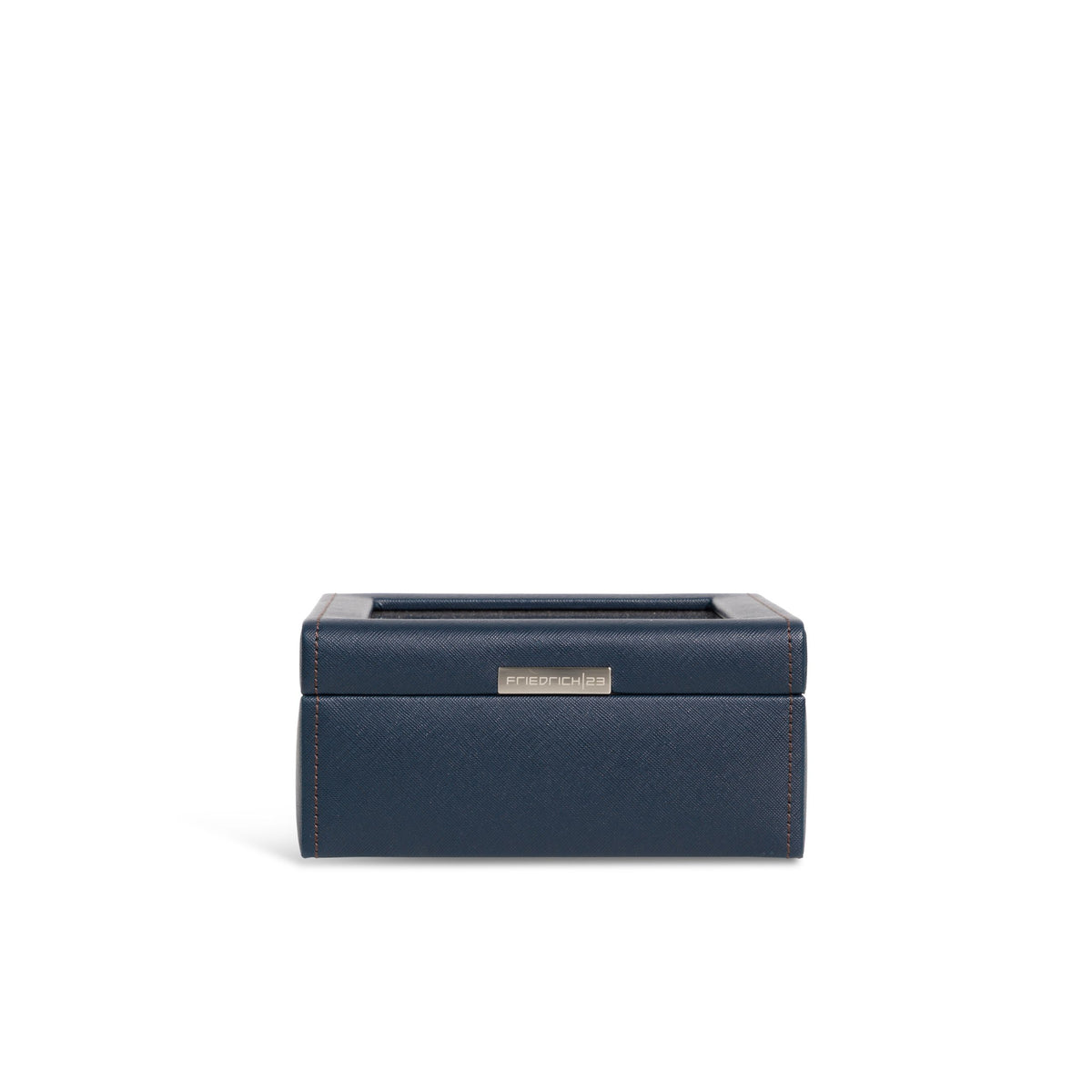 Vue de face fermée de la boîte à montre Bond six emplacements -  Coloris bleu foncé intérieur marron foncé