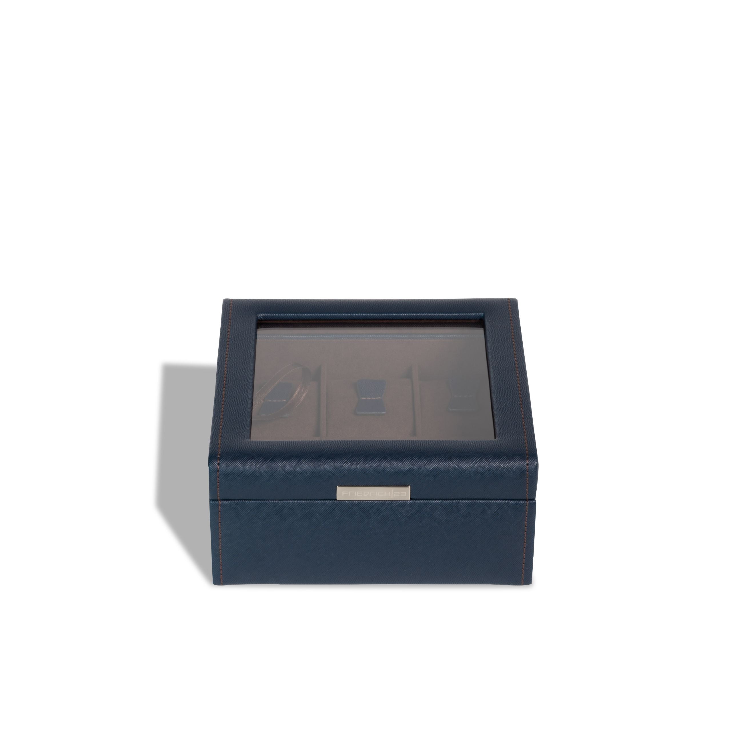 Vue de face haut fermée de la boîte à montre Bond six emplacements -  Coloris bleu foncé intérieur marron foncé