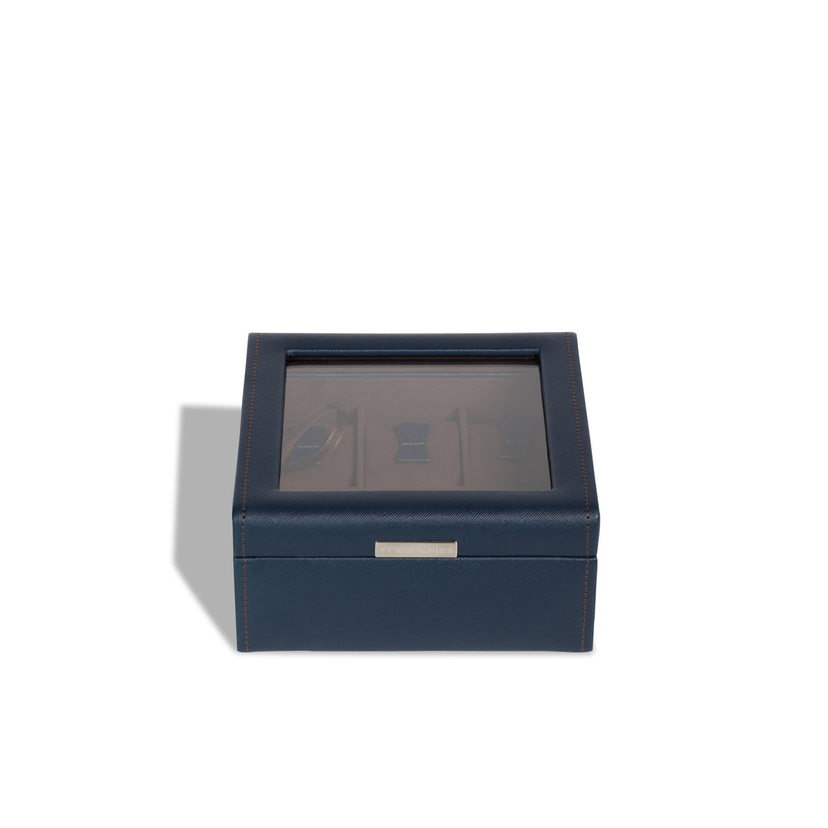 Vue de face haut fermée de la boîte à montre Bond six emplacements -  Coloris bleu foncé intérieur marron foncé