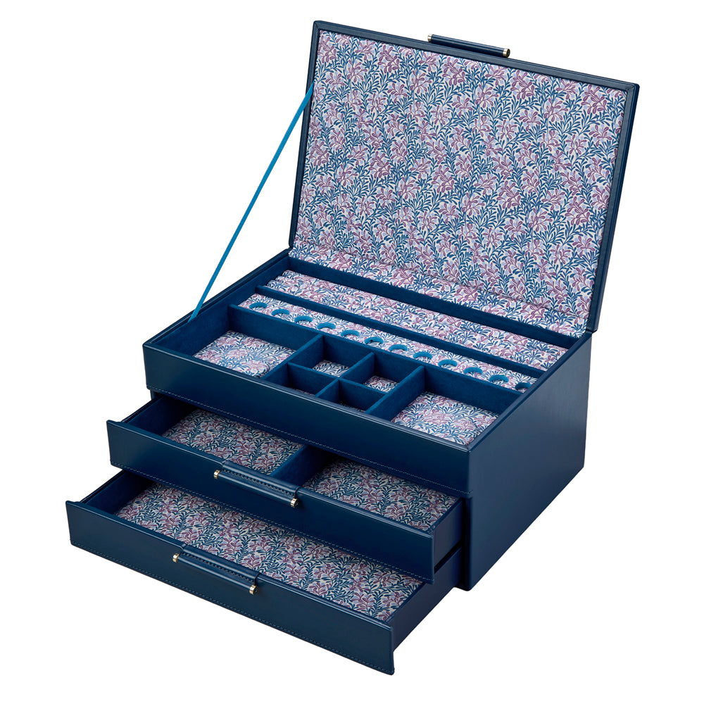 Boite à bijoux bleue avec deux tiroir et intérieur fleuri
