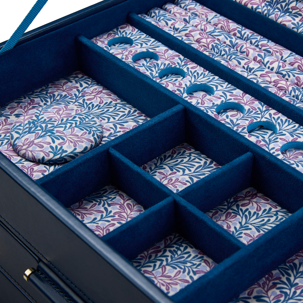 intérieur bleue fleuri d'une boite à bijoux bleue