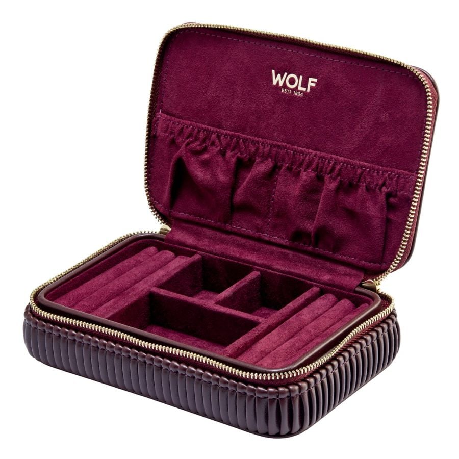 Coffret à bijoux bordeaux avec intérieur en velours de la marque Wolf
