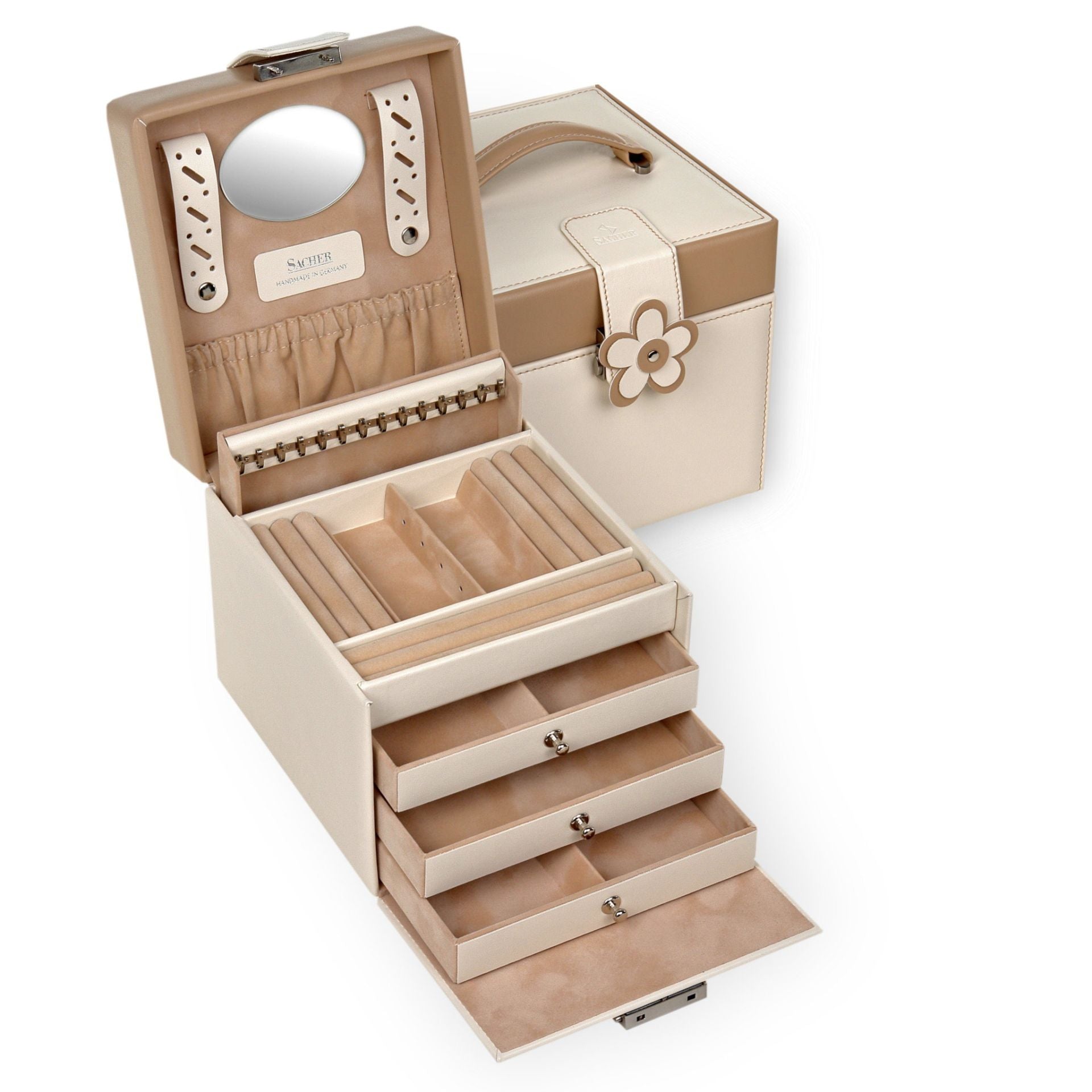 Grand coffret à bijoux beige en cuir de la marque Sacher