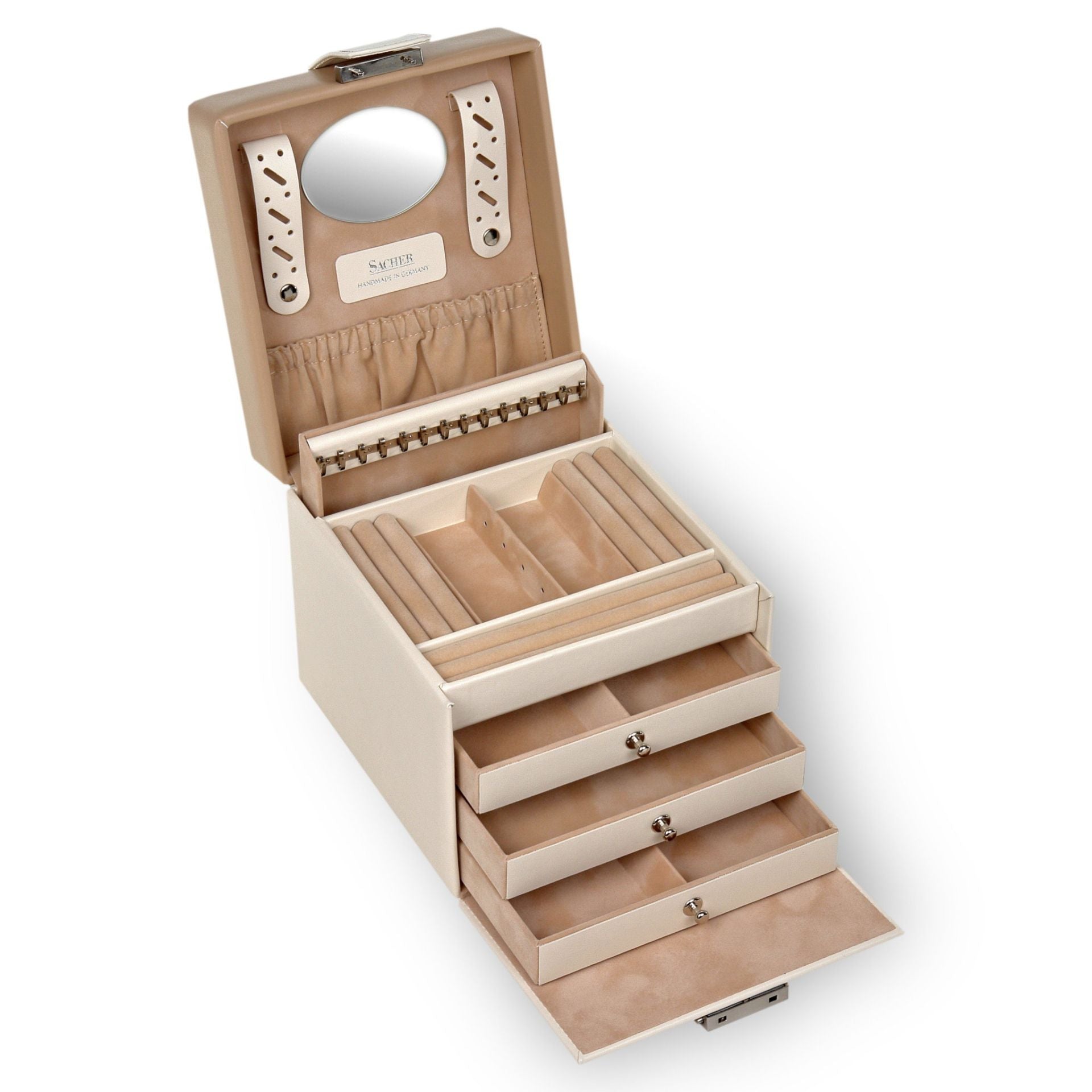 Grand coffret à bijoux beige en cuir de la marque Sacher