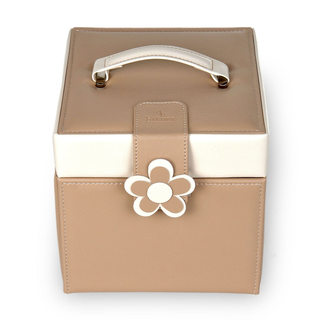 Grand coffret à bijoux beige en cuir avec motif fleur de la marque Sacher