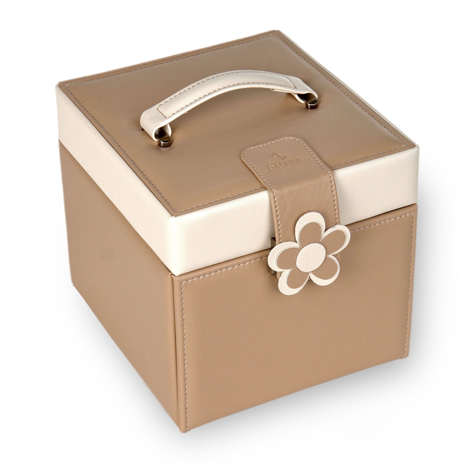 Grand coffret à bijoux beige en cuir avec motif fleur de la marque Sacher
