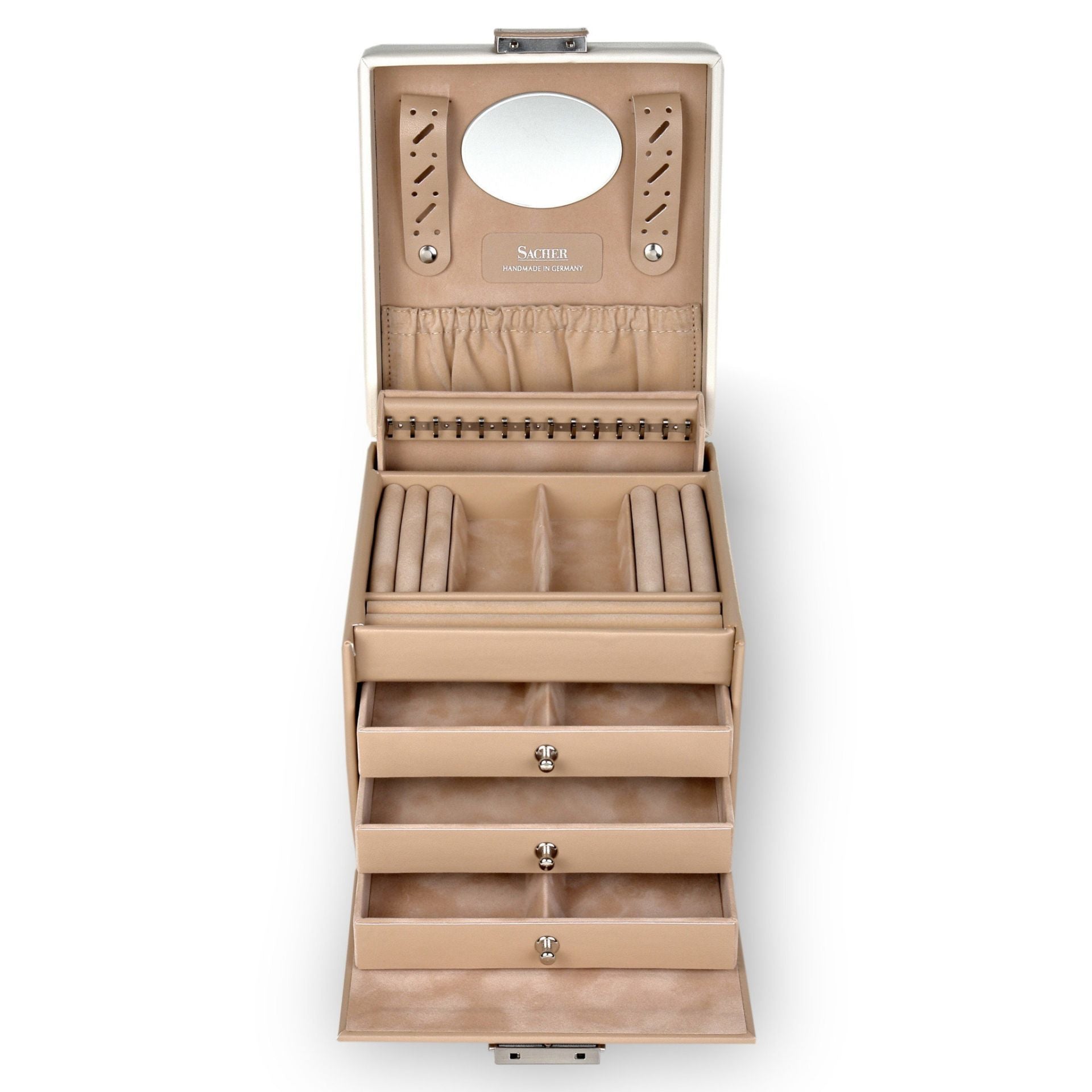 Grand coffret à bijoux beige en cuir avec motif fleur de la marque Sacher