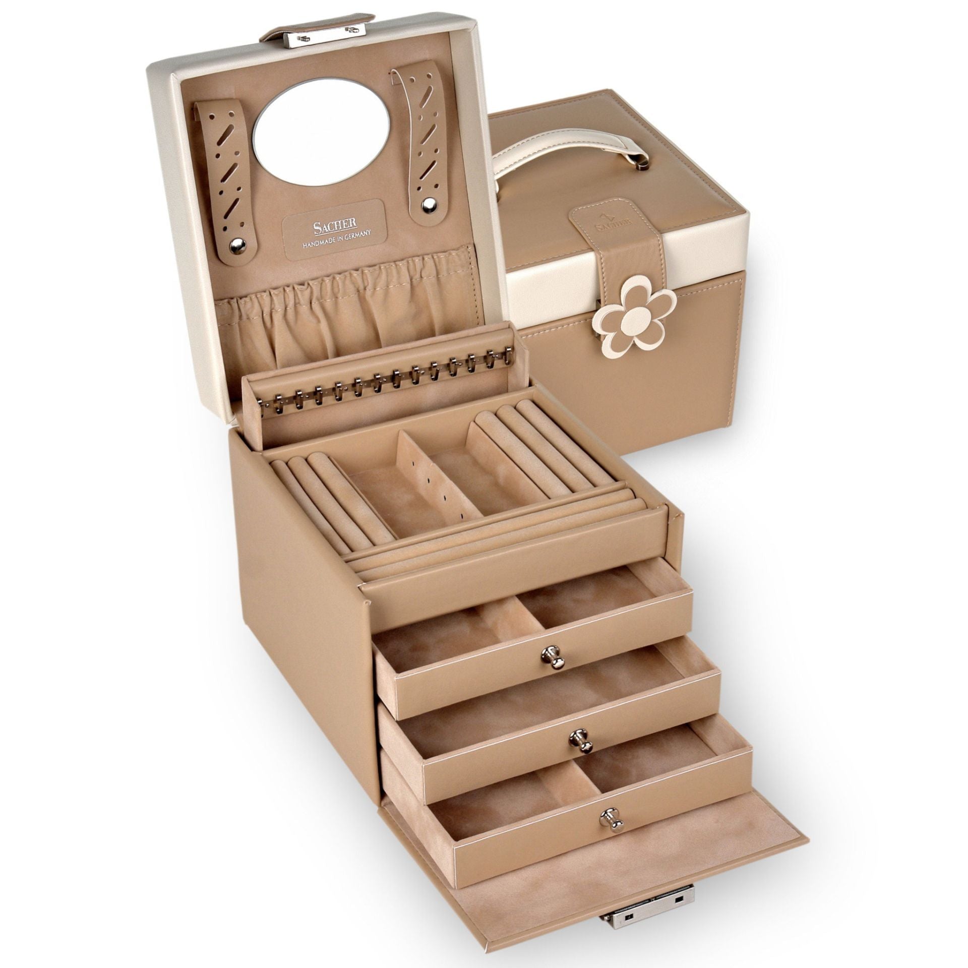 Grand coffret à bijoux beige en cuir avec motif fleur de la marque Sacher