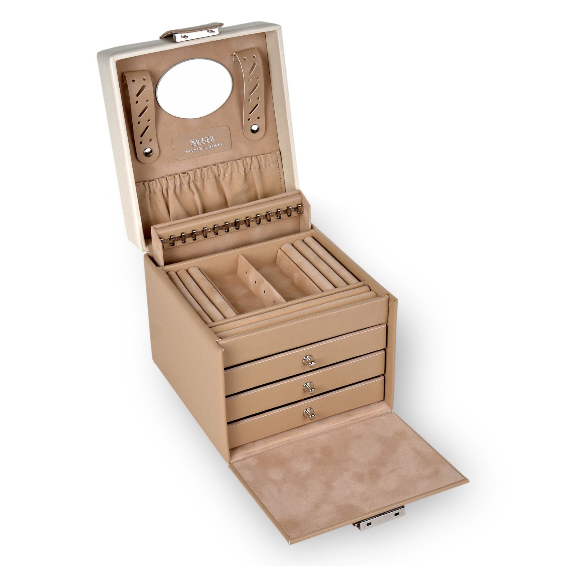 Grand coffret à bijoux beige en cuir avec motif fleur de la marque Sacher