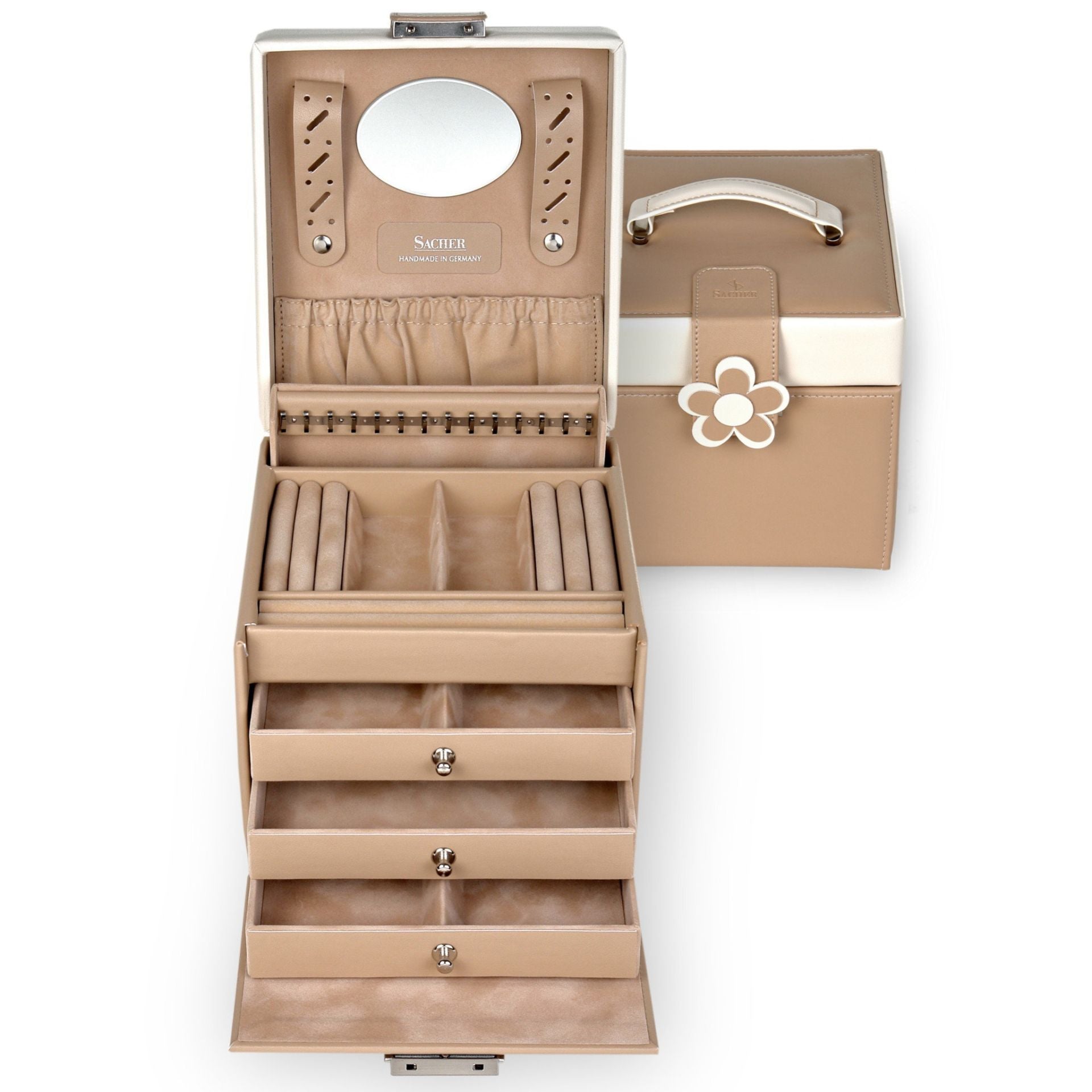 Grand coffret à bijoux beige en cuir avec motif fleur de la marque Sacher