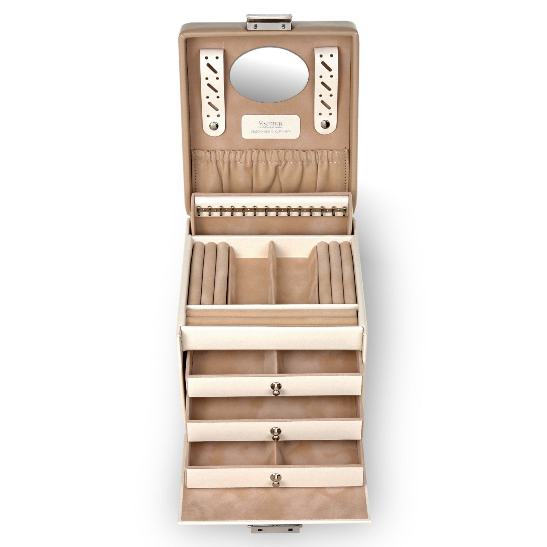 Grand coffret à bijoux beige en cuir avec motif fleur de la marque Sacher