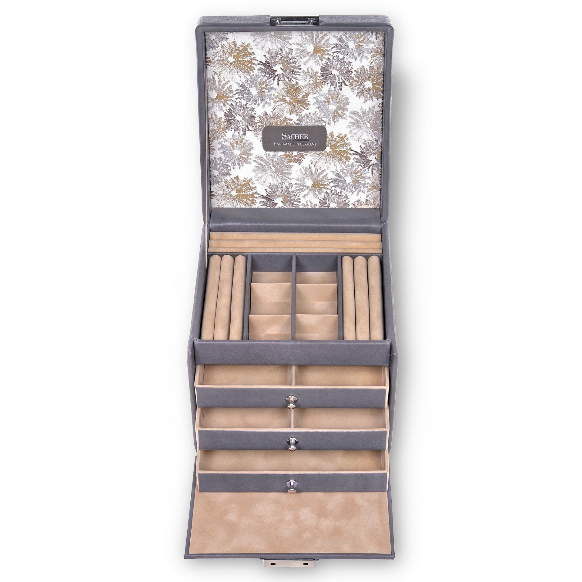 Grand coffret à bijoux gris  de la marque Sacher boite élégante avec intérieur beige et motifs floraux
