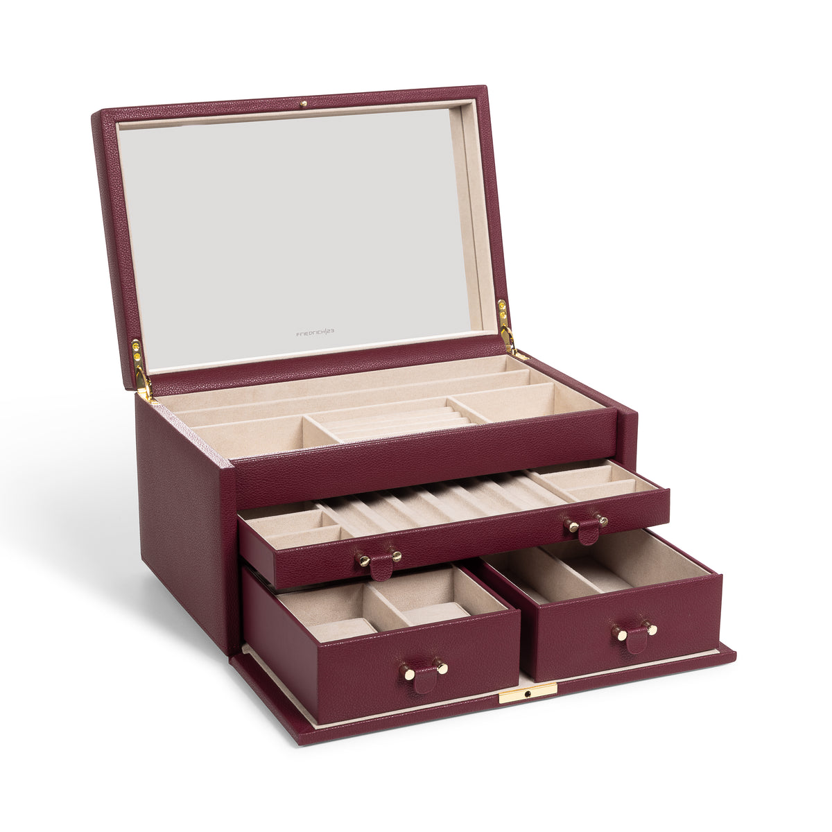 Grande boîte à bijoux en cuir bordeaux de la collection Vitoria. Vue ouverte de transverse, avec tiroirs ouverts. Fond blanc