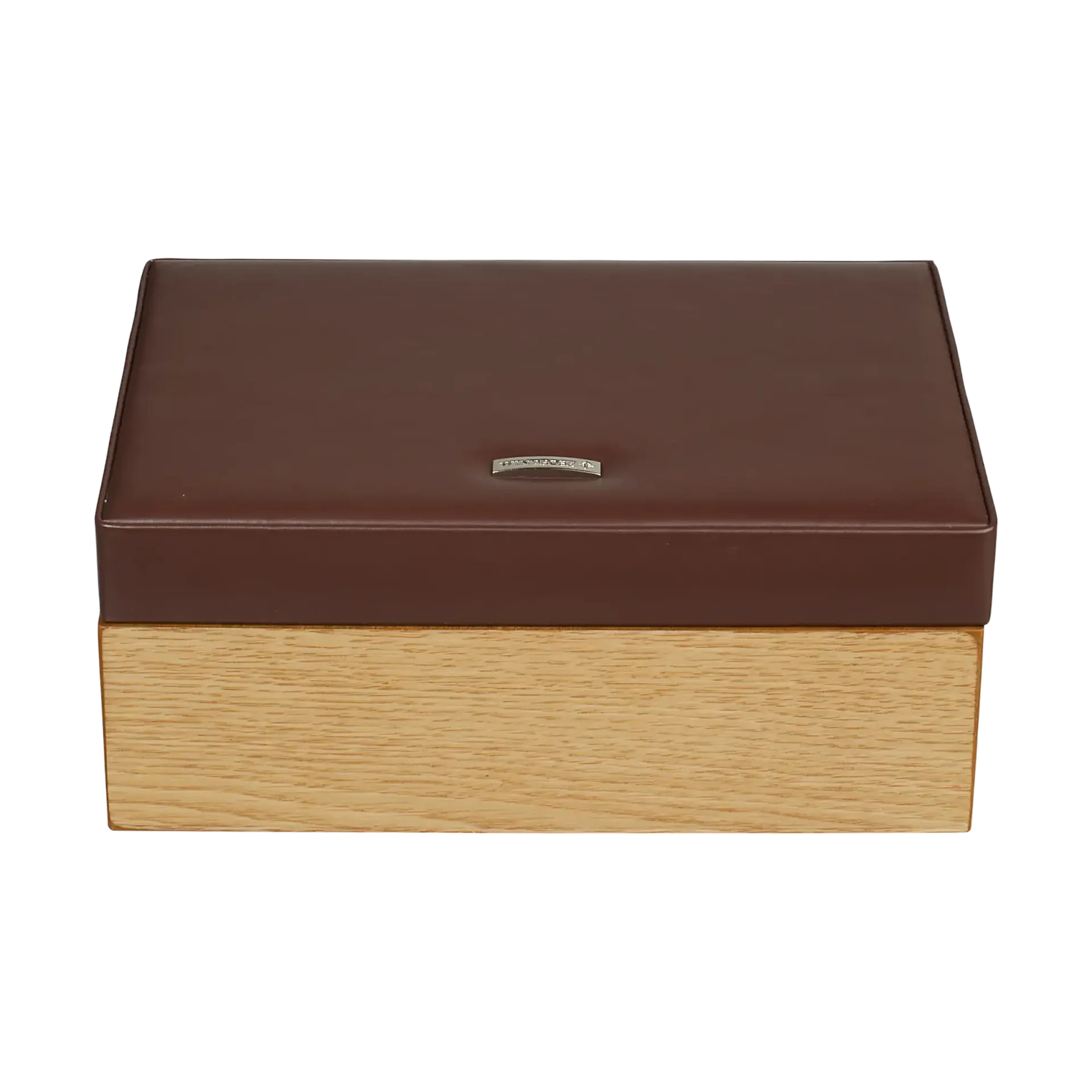 Grande boite à bijoux en cuir marron avec base en bois clair avec mirroir à l'interieur