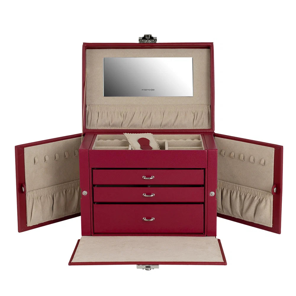 Vue de face ouverte de la grande boîte à bijoux Cordoba, y compris les cotés latéraux ouverts -  Coloris Rouge intérieur velours beige