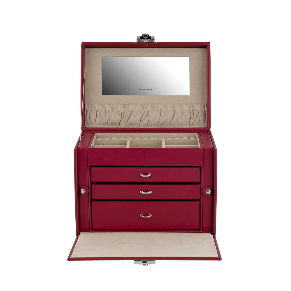 Vue de face ouverte de la grande boîte à bijoux Cordoba, avec les cotés latéraux fermés -  Coloris Rouge intérieur velours beige