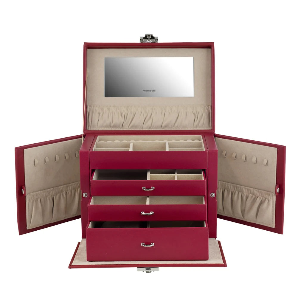 Vue de face ouverte de la grande boîte à bijoux Cordoba, y compris les cotés latéraux ouverts -  Coloris Rouge intérieur velours beige