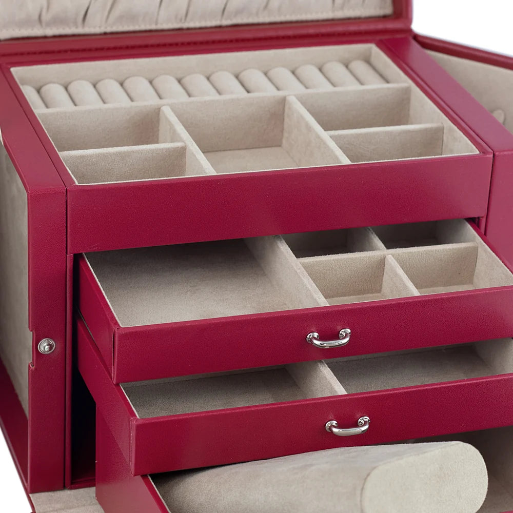 Zoom sur les compartiments à bijoux intérieurs de la grande boîte à bijoux Cordoba -  Coloris Rouge intérieur velours beige