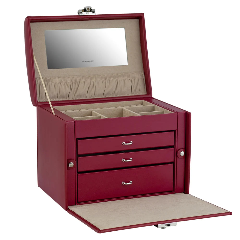 Vue transverse ouverte de la grande boîte à bijoux Cordoba, avec les cotés latéraux fermés -  Coloris Rouge intérieur velours beige