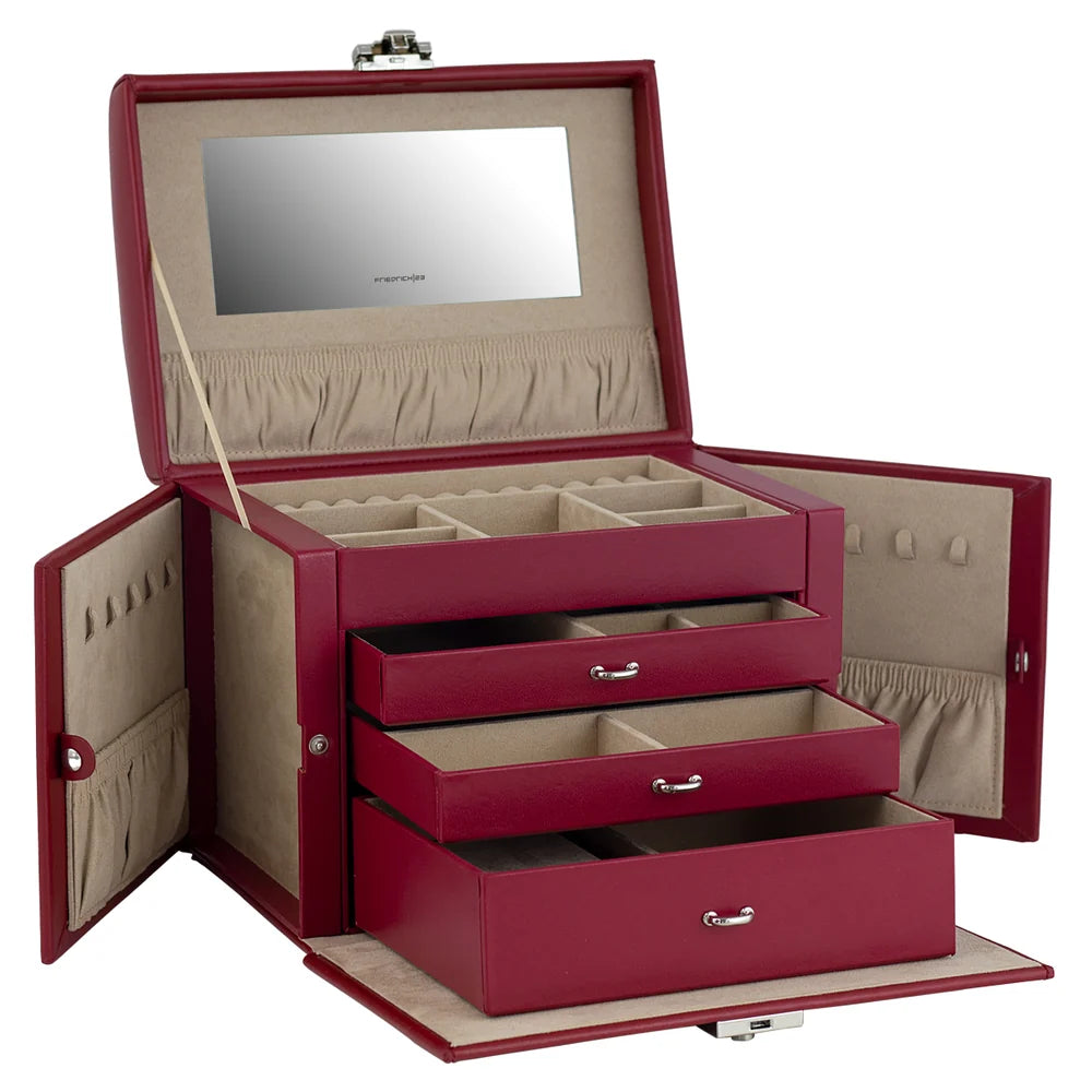 Vue transverse ouverte de la grande boîte à bijoux Cordoba, y compris les cotés latéraux ouverts -  Coloris Rouge intérieur velours beige